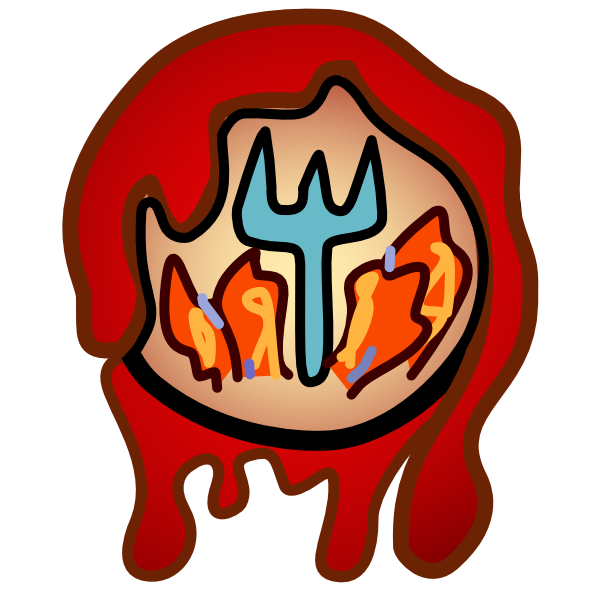 a circle with a black outline, covered in blood. It has a gradient interior, (radial gradient, off white to reddish orange). Inside the circle is a blue pitchfork surrounded at its base by flames.